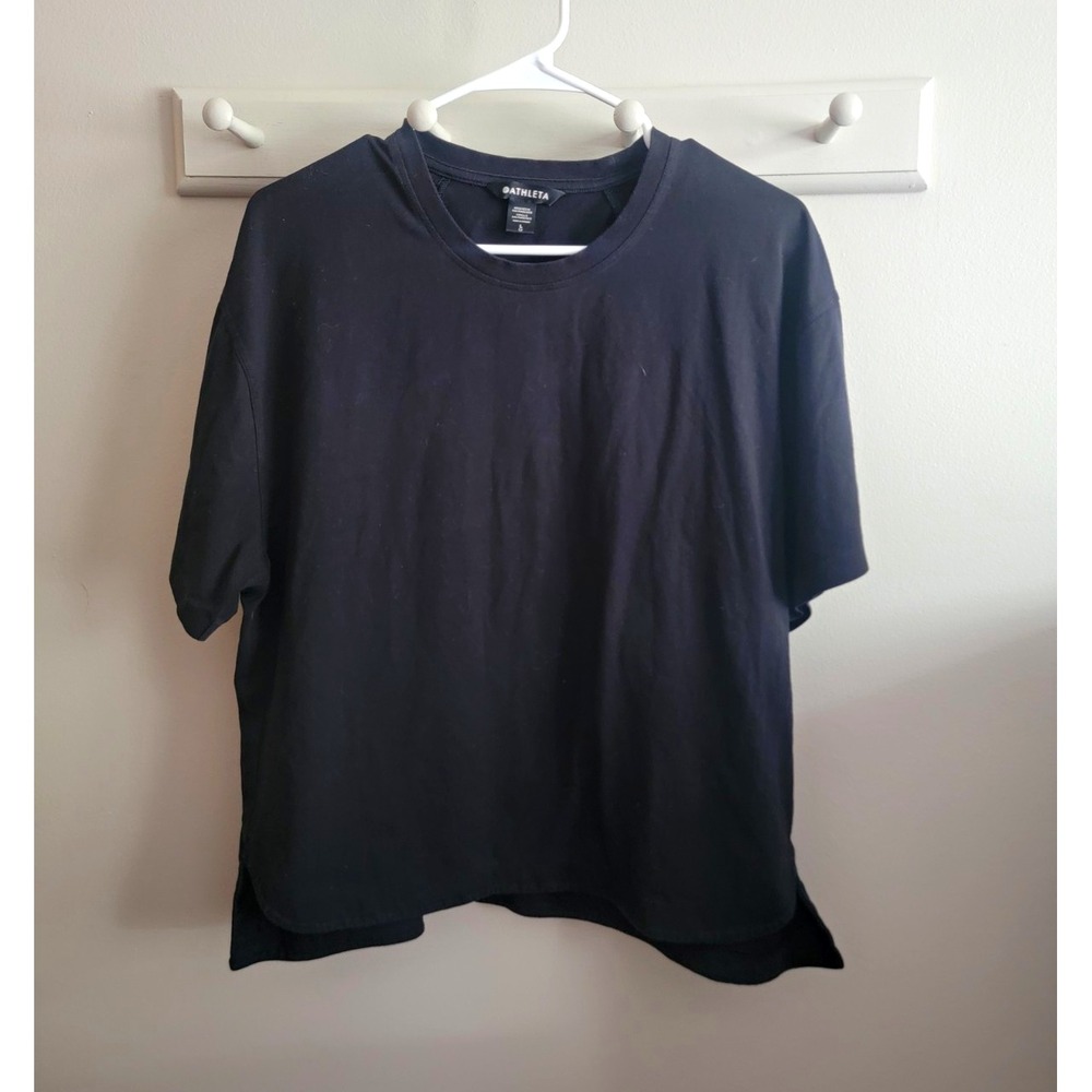 Athleta Black Crew Neck S/S Stretch Cotton Blend Relaxed Tee Women's L Basic GUC